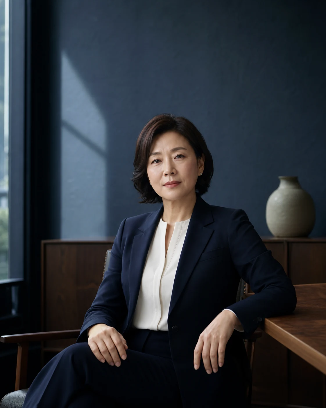 잉크 블루 벽 앞에 앉아 있는 코어 리걸 김해진 파트너