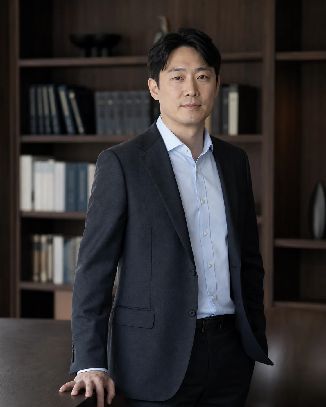 월넛 서가 앞에 서 있는 코어 리걸 이도윤 파트너