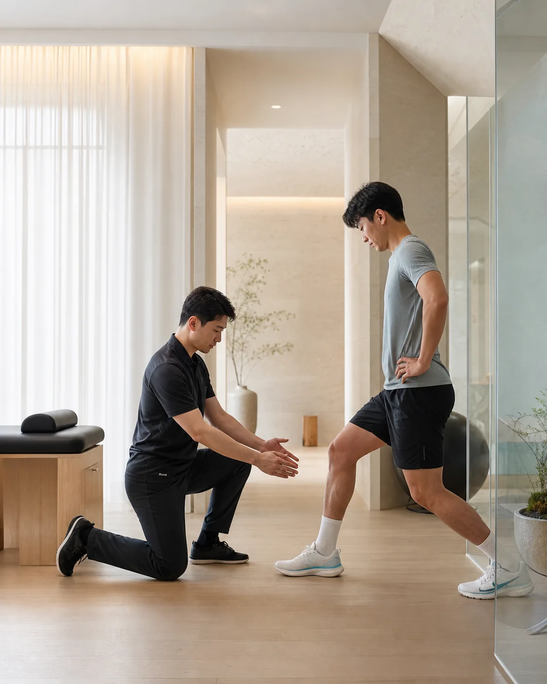 러너의 무릎 움직임을 확인하는 회복 전문가